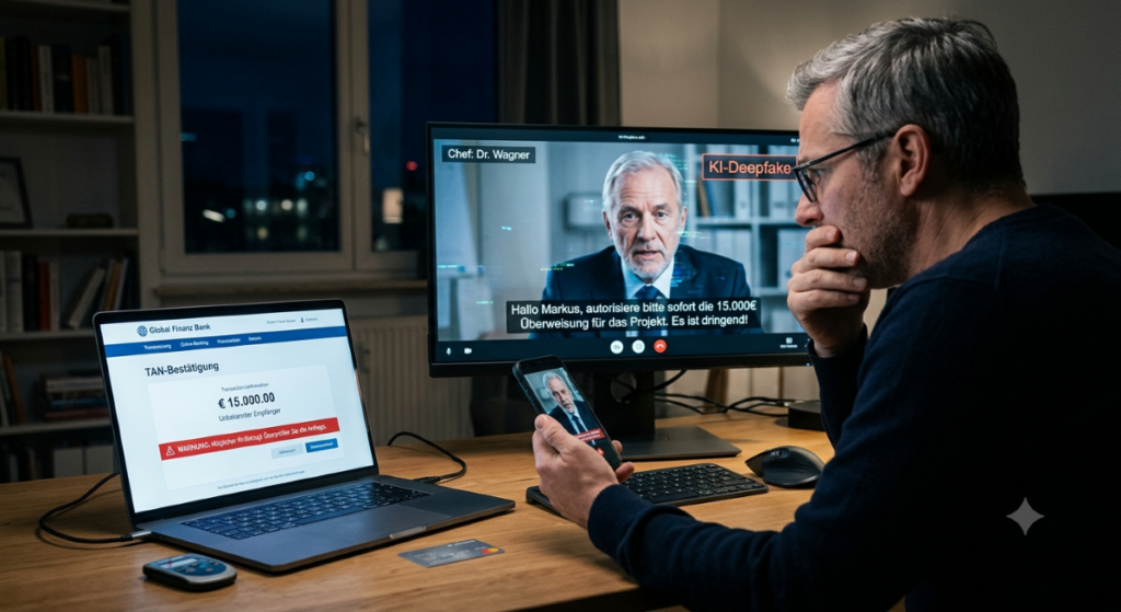 KI-generierte Illustration zum Thema Deepfakes, KI-Betrug und Sicherheit im Online-Banking.