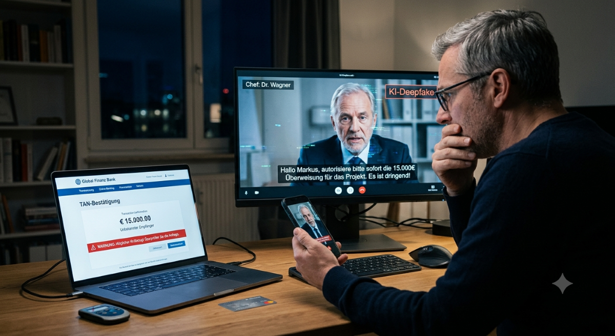KI-generierte Illustration zum Thema Deepfakes, KI-Betrug und Sicherheit im Online-Banking.