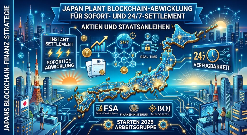 Eine futuristisch gestaltete Infografik mit dem Titel „Japan plant Blockchain-Abwicklung für Sofort- und 24/7-Settlement – Aktien und Staatsanleihen“. Im Zentrum liegt eine digital vernetzte Karte von Japan, umgeben von Finanzsymbolen wie Yen-Münzen, steigenden Kurs-Charts und Icons für Echtzeit-Transaktionen. Flankiert wird die Szene von modernen Skylines und Bildschirmen mit den Aufschriften „Instant Settlement – Sofortige Abwicklung“ und „24/7 Verfügbarkeit“. Am unteren Rand weisen die Logos der Financial Services Agency (FSA), des Finanzministeriums und der Bank of Japan (BOJ) auf den Start einer Arbeitsgruppe im Jahr 2026 hin.