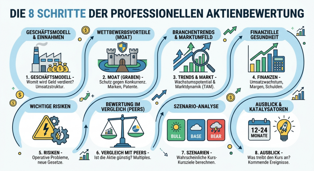 Die 8 Schritte der professionellen Aktienbewertung auf einer Grafik erstellt mit KI (Nano Banana 2)