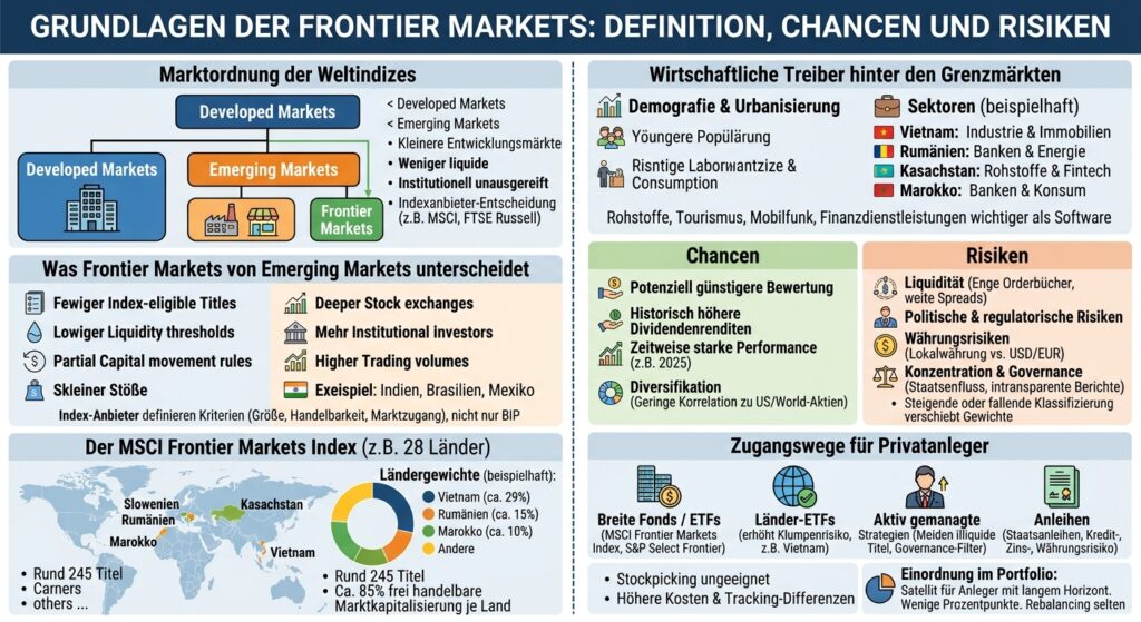 Infografik zu Grundlagen der Frontier Markets: Definition, Chancen, Risiken und Unterschied zu Emerging Markets. Dargestellt werden wirtschaftliche Treiber, Ländergewichte im MSCI Frontier Markets Index (u. a. Vietnam, Rumänien, Marokko) sowie Zugangswege für Privatanleger über ETFs und Fonds. Grafik erstellt mit KI (Nano Banana 2).