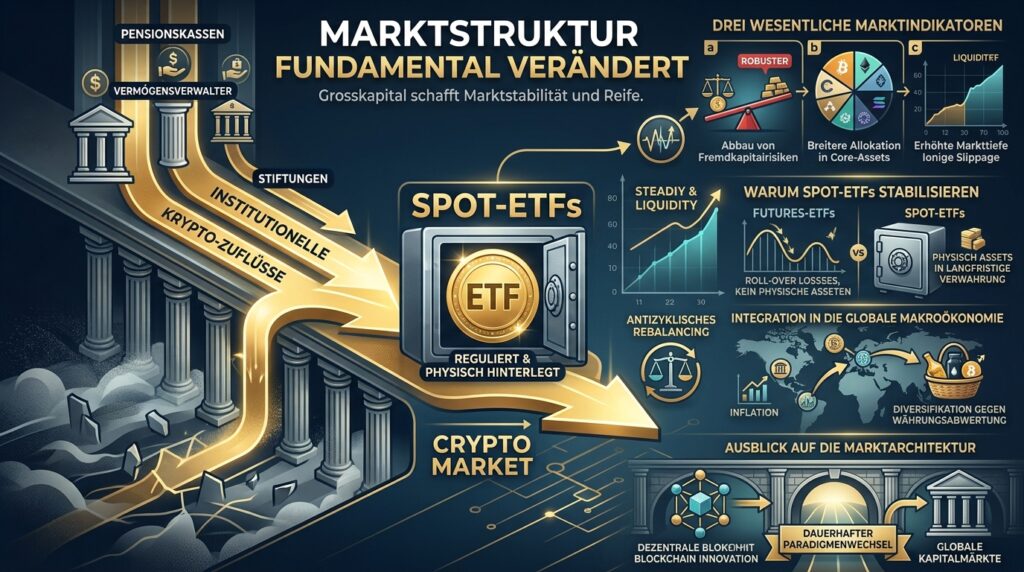 Infografik über institutionelle Krypto-Zuflüsse in Spot-ETFs: Kapitalströme von Pensionskassen, Vermögensverwaltern und Stiftungen fließen über physisch hinterlegte Spot-ETFs in Bitcoin und Ethereum zur Marktstabilisierung.