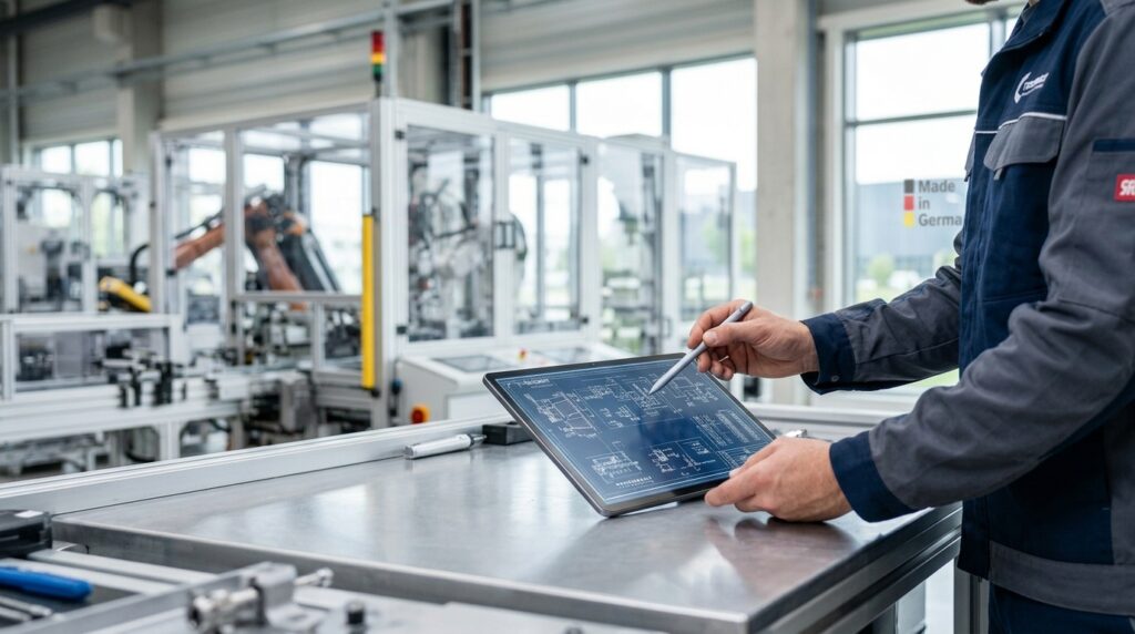 Steigender Fachkräftebedarf in der deutschen Industrie: Hände einer Fachkraft bei der Arbeit mit einem digitalen Bauplan auf einem Tablet in einer modernen Fertigungshalle.