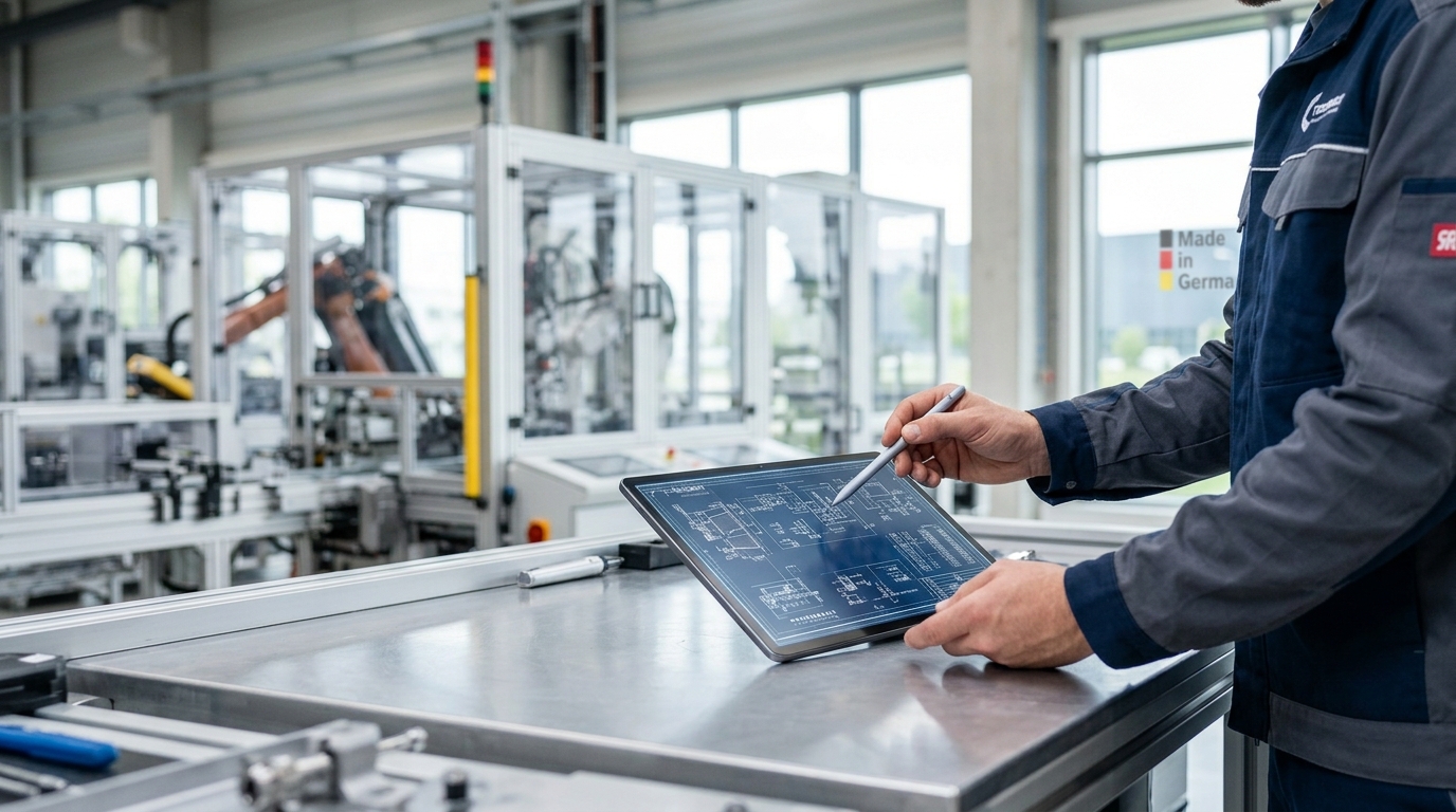 Steigender Fachkräftebedarf in der deutschen Industrie: Hände einer Fachkraft bei der Arbeit mit einem digitalen Bauplan auf einem Tablet in einer modernen Fertigungshalle.
