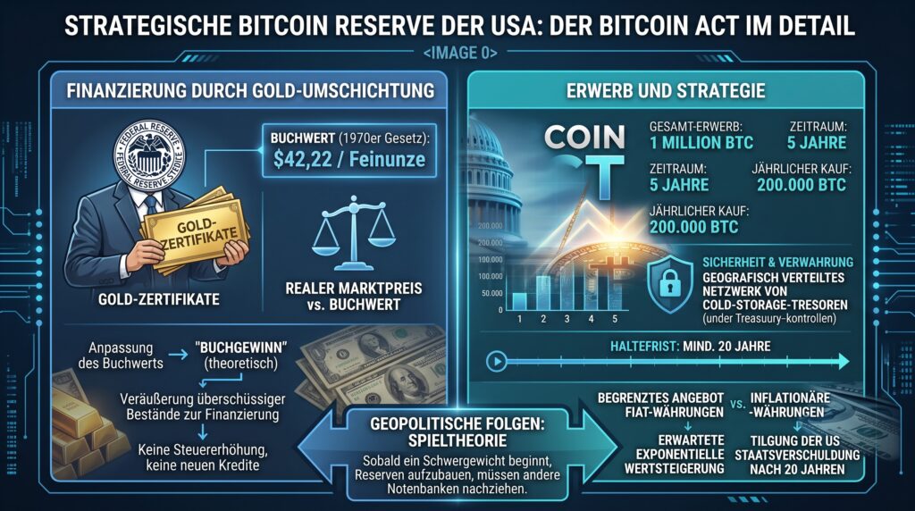 Strategische Bitcoin Reserve der USA: Infografik zum „BITCOIN Act“ über die strategische Bitcoin-Reserve der USA: Gezeigt wird die steuerfreie Finanzierung durch Neubewertung historischer US-Gold-Zertifikate, um über 5 Jahre insgesamt 1 Million BTC (200.000 BTC/Jahr) anzukaufen. Die Coins sollen in sicheren Cold-Storage-Tresoren des US-Treasury mit einer Mindesthaltefrist von 20 Jahren verwahrt werden, um die Staatsverschuldung zu reduzieren und internationalen Notenbanken durch spieltheoretischen Druck den Weg zu weisen.