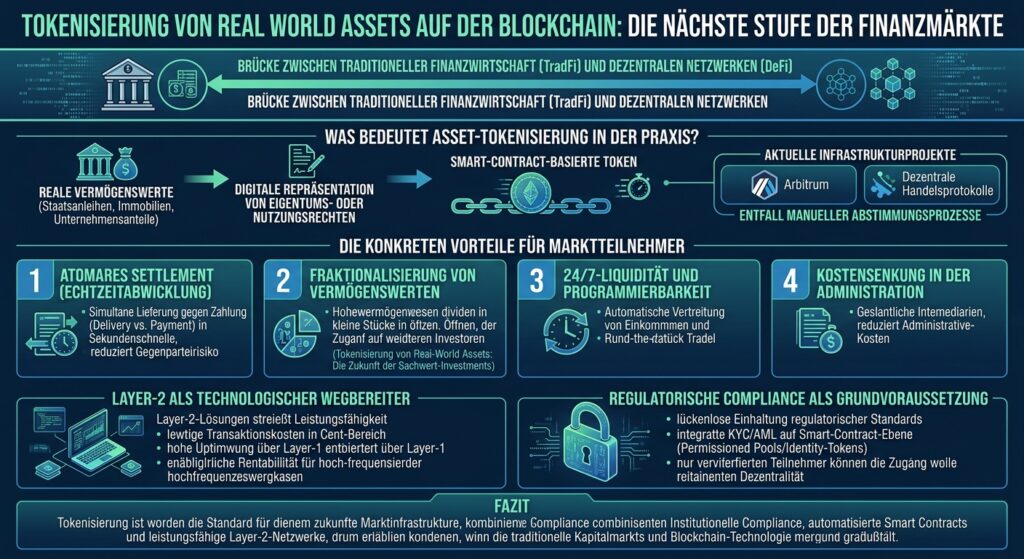 Infografik zur Tokenisierung von Real World Assets auf der Blockchain. Dargestellt werden die Brücke zwischen TradFi und DeFi, der Prozess der Asset-Tokenisierung über Smart Contracts sowie die Vorteile wie atomares Settlement, Fraktionalisierung, 24/7-Liquidität und Kostenreduktion.