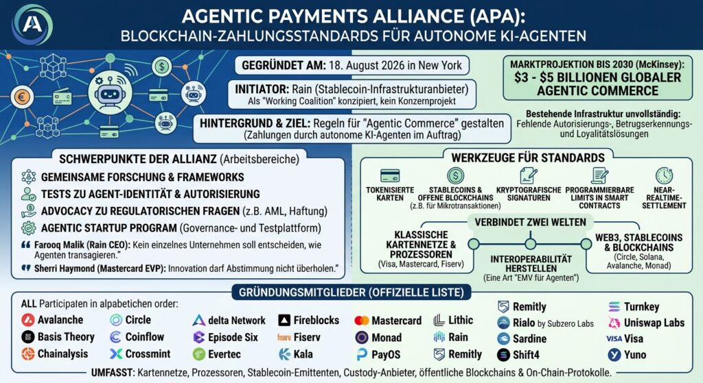 Infografik zur „Agentic Payments Alliance (APA)“, gegründet im August 2026 von Rain zur Etablierung von Blockchain-Standards für autonome KI-Zahlungen („Agentic Commerce“). Die Allianz verbindet traditionelle Zahlungsnetzwerke (u. a. Visa, Mastercard, Fiserv) mit Web3-Infrastruktur (u. a. Circle, Avalanche, Uniswap Labs). Kernbereiche sind Agenten-Identität, Smart-Contract-Limits, regulatorische Compliance und tokenisierte Transaktionen.