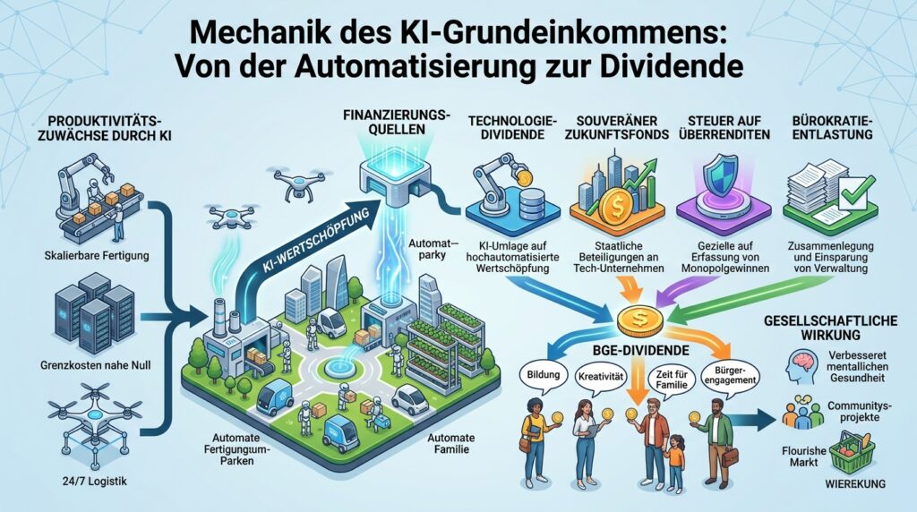 Schaubild zum Thema Bedingungsloses Grundeinkommen durch KI. Es zeigt den Ablauf von der automatisierten Wertschöpfung über vier Finanzierungsquellen (Technologie-Dividende, Zukunftsfonds, Monopolsteuer, Bürokratieabbau) bis hin zur Auszahlung einer Dividende an die Bürger für mehr Zeit, Bildung und Lebensqualität. Grafik erstellt mit KI (Nano Banana 2)