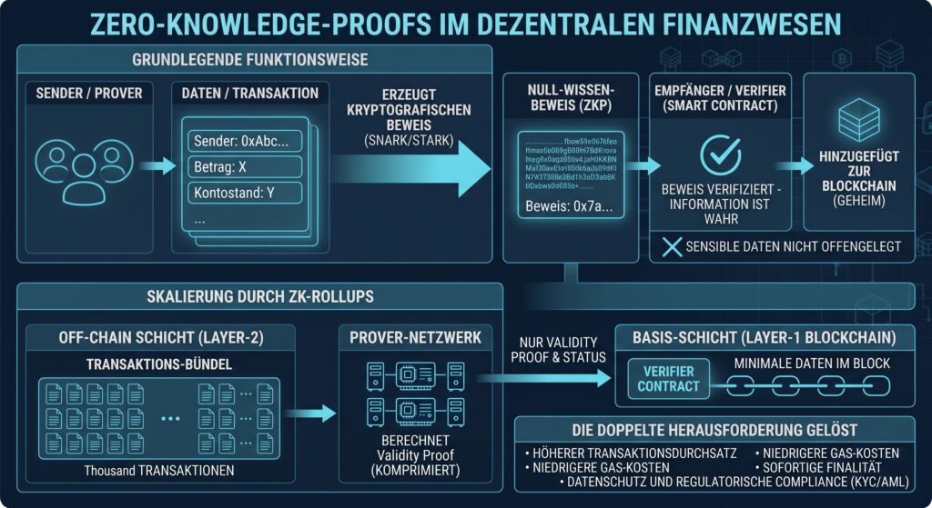 Infografik zu Zero-Knowledge-Proofs im dezentralen Finanzwesen. Dargestellt werden die grundlegende Funktionsweise kryptografischer Null-Wissen-Beweise (SNARK/STARK) zwischen Sender, Verifier und Blockchain sowie die Skalierung über ZK-Rollups mit Off-Chain-Transaktionsbündeln und Prover-Netzwerken zur Lösung des Trilemmas aus Datenschutz, hohem Durchsatz und niedrigen Gas-Kosten.
