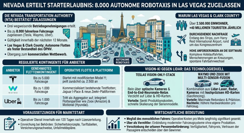 Infografik zur Zulassung von bis zu 8.000 autonomen Robotaxis in Las Vegas (Clark County, Nevada) mit Flottenkontingenten von Tesla, Waymo und Uber sowie einem Technologievergleich zwischen Vision-KI und Lidar.