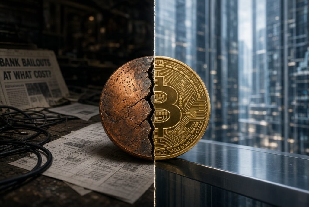 Das Beitragsbild zeigt den Bruch beim Bitcoin zwischen Cypherpunk-Ideal als Freiheitswährung und Wall-Street-Produkt