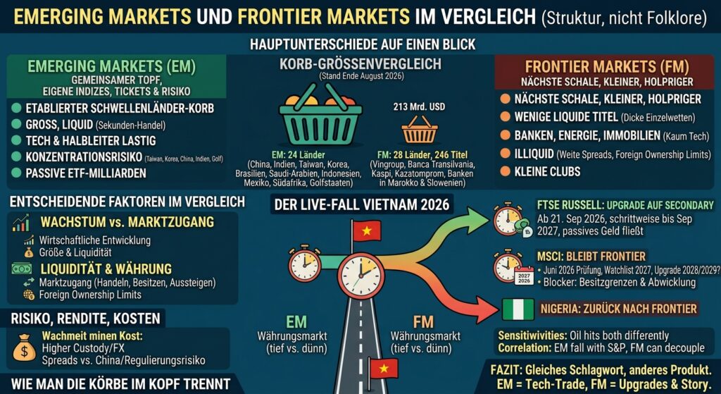 Infografik zum Vergleich von Emerging Markets (EM) und Frontier Markets (FM): Gegenüberstellung von Marktgröße, Liquidität, Branchenschwerpunkten und Risiken inklusive Fallbeispielen wie dem Upgrade-Prozess von Vietnam 2026.