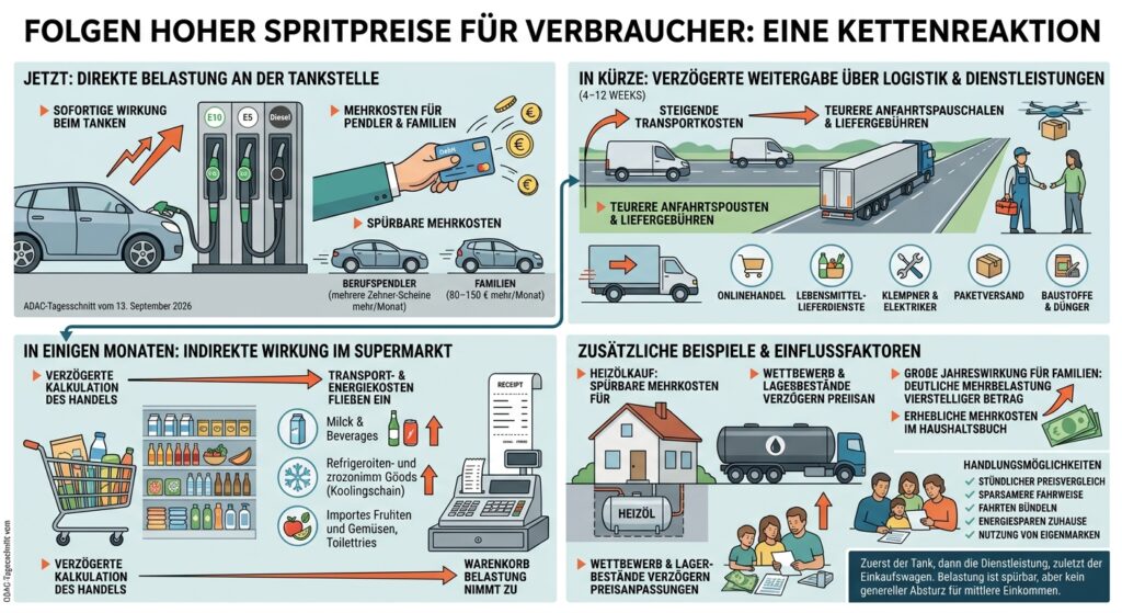 Eine Infografik zeigt die dreistufige Kettenreaktion hoher Spritpreise auf Verbraucher: Erst direkte Kosten an der Tankstelle, dann teurere Logistik und Handwerker (4–12 Wochen), schließlich Preissteigerungen im Supermarkt.