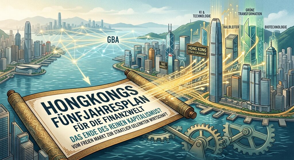 Illustration des wirtschaftlichen Wandels in Hongkong: Eine aufgerollte Schriftrolle im Vordergrund mit der Aufschrift „HONGKONGS FÜNFJAHRESPLAN FÜR DIE FINANZWELT“. Die Skyline von Hongkong wird durch digitale Pfeile und Symbole für strategische Zukunftsfelder wie „KI & TECHNOLOGIE“, „HALBLEITER“, „GRÜNE TRANSFORMATION“ und „BIOTECHNOLOGIE“ neu strukturiert, was den Übergang von einem reinen freien Markt zu einer staatlich gelenkten Wirtschaft darstellt.