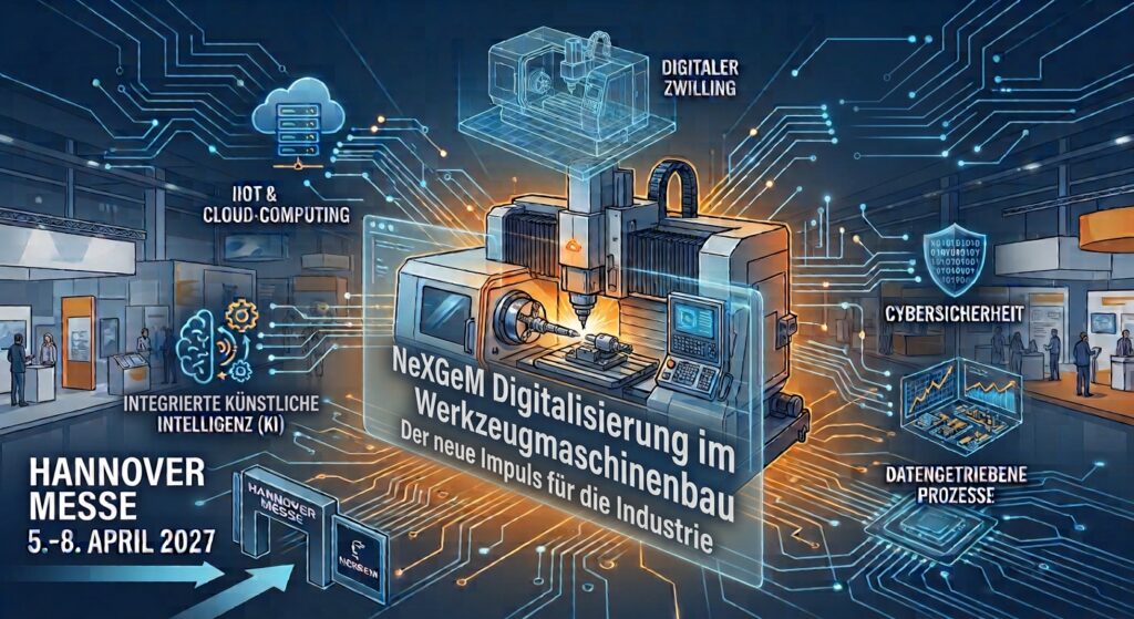 Infografik zur NexGeM Digitalisierung im Werkzeugmaschinenbau auf der Hannover Messe 2027 mit vernetzter CNC-Maschine, KI und Cloud-Technologien.