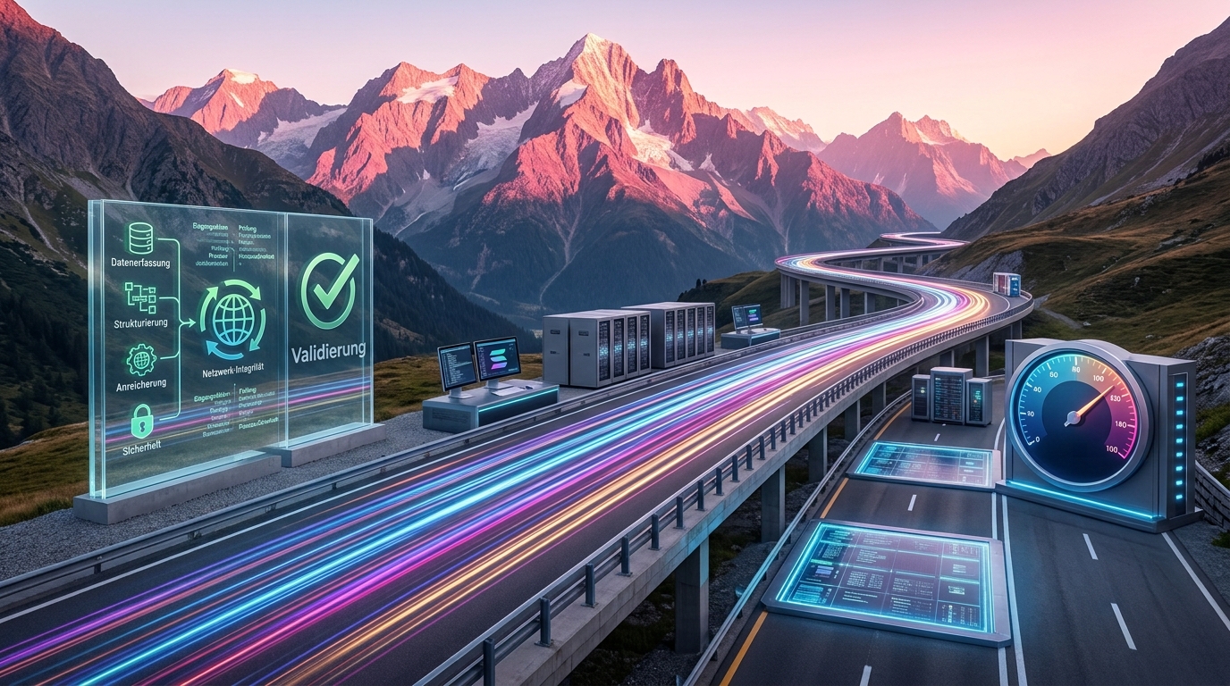Visualisierung der Solana Schnelligkeit durch leuchtende Datenbahnen auf einer Passstraße in den Alpen mit Tachometer und Validierungs-Dashboard.
