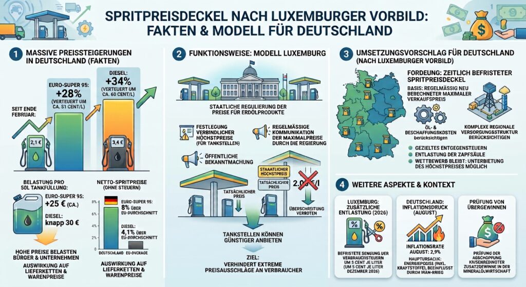 Diese detaillierte Infografik beschreibt ein Modell für einen Spritpreisdeckel in Deutschland nach luxemburgischem Vorbild. Sie ist in vier Abschnitte unterteilt: massive Preissteigerungen in Deutschland, die Funktionsweise des luxemburgischen Regulierungsmodells mit staatlichen Höchstpreisen, einen konkreten Umsetzungsvorschlag für Deutschland und weitere kontextuelle Aspekte wie Inflation und die Prüfung von Übergewinnen.