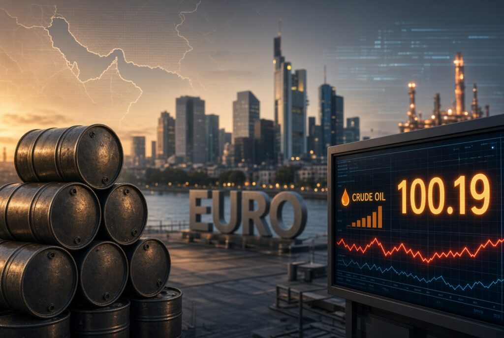 Gestapelte Rohölfässer am Main, im Hintergrund Frankfurt und der Schriftzug EURO, rechts ein Börsenticker mit Crude Oil 100,19 – Symbolbild für den Ölpreisschock vor der EZB-Sitzung.