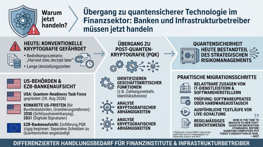 Infografik zum Übergang zu quantensicherer Technologie im Finanzsektor. Sie zeigt die Gefährdung der aktuellen Kryptografie durch Szenarien wie „Harvest now, decrypt later“, gefolgt von der notwendigen Migration zur Post-Quanten-Kryptografie (PQK) als Teil des Risikomanagements. Es werden die Positionen der US-Behörden (Quantum-Readiness Task Force) und der EZB-Bankenaufsicht (zügiger Beginn) dargestellt. Die Grafik nennt praktische Migrationsschritte wie die Identifizierung geschäftskritischer Funktionen, belastbare Zusagen von Dienstleistern und ausführliche Testläufe. Unten wird auf den differenzierten Handlungsbedarf für Finanzinstitute verwiesen.