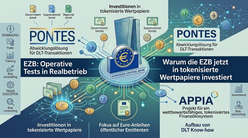 Infografik zur Entscheidung der EZB, in tokenisierte Wertpapiere zu investieren. Die Grafik zeigt das Gebäude der Europäischen Zentralbank umgeben von digitalen Verbindungen, Euro-Münzen, Krypto-Tokens sowie Erläuterungen zu den Plattformen Pontes und Appia.