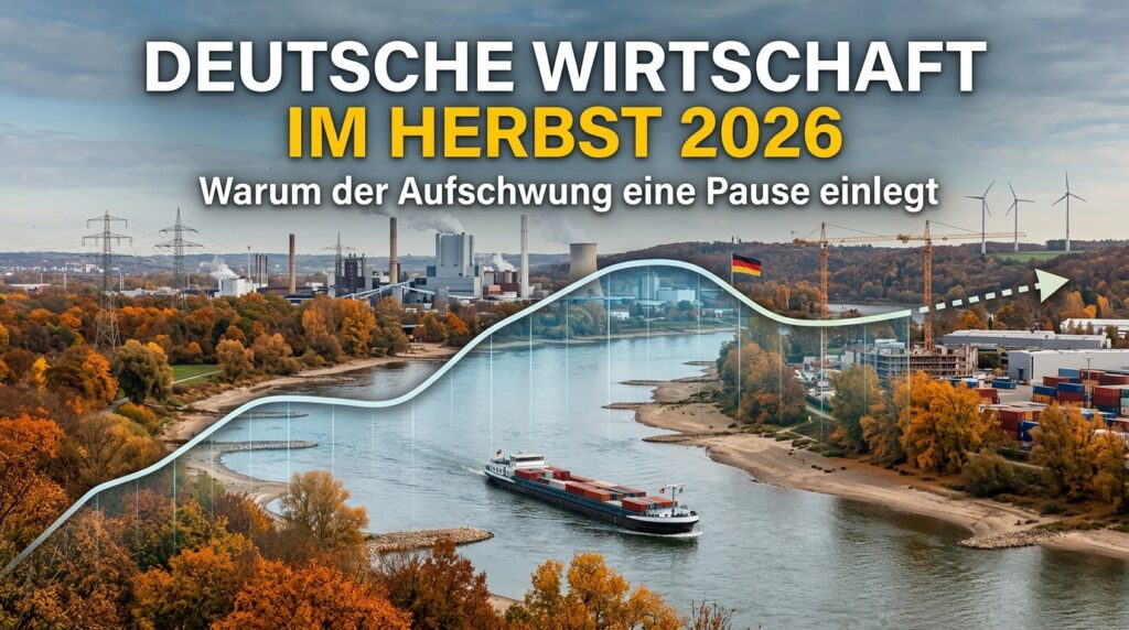 Herbstliche Flusslandschaft mit Niedrigwasser und einem Containerschiff, im Hintergrund Industrieanlagen, Windräder und Baukräne, überlagert von einer Konjunkturkurve und dem Schriftzug „Deutsche Wirtschaft im Herbst 2026: Warum der Aufschwung eine Pause einlegt“.