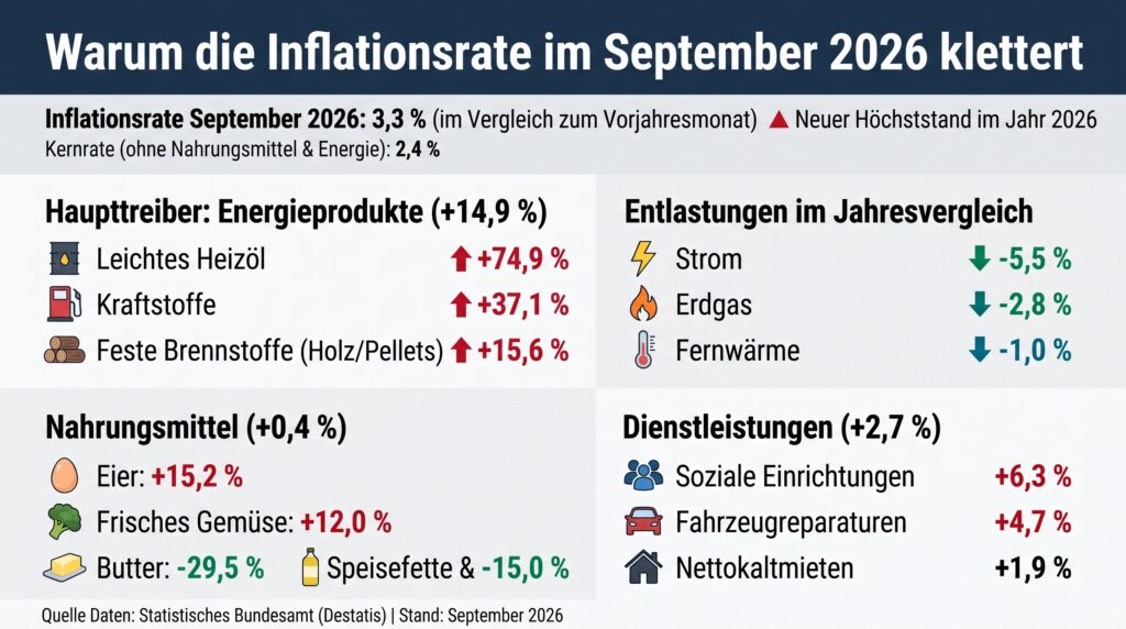 Infografik zur Inflationsrate im September 2026 in Deutschland mit einem Jahreshoch von 3,3 % und einer Kernrate von 2,4 %. Dargestellt sind Preistreiber wie leichtes Heizöl (+74,9 %), Kraftstoffe (+37,1 %) und feste Brennstoffe (+15,6 %), Entlastungen bei Strom (-5,5 %), Gas (-2,8 %) und Fernwärme (-1,0 %) sowie Preisänderungen bei Nahrungsmitteln und Dienstleistungen laut Destatis.