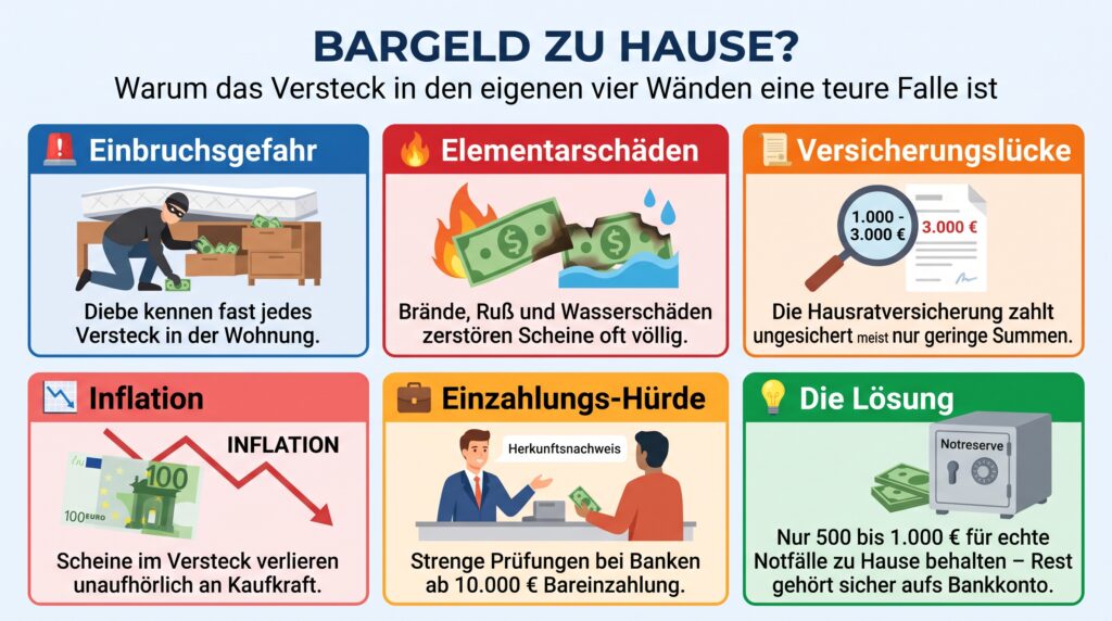 Eine Infografik mit dem Titel „BARGELD ZU HAUSE? Warum das Versteck in den eigenen vier Wänden eine teure Falle ist“. Die Grafik ist in sechs farblich gestaltete Infokästen unterteilt, die fünf Risiken und eine abschließende Empfehlung (die Lösung) darstellen: Einbruchsgefahr (rot): Illustration eines Einbrechers, der nachts mit einer Taschenlampe durch ein Fenster einsteigt. Text: „Diebe kennen fast jedes Versteck in der Wohnung.“ Elementarschäden (rot): Illustration von brennenden Geldscheinen und Wassertropfen. Text: „Brände, Ruß und Wasserschäden zerstören Scheine oft völlig.“ Versicherungslücke (orange): Illustration eines Hauses, eines Schildes mit Häkchen und Geldscheinen, die einen Betrag von „1.000 - 3.000 €“ zeigen. Text: „Die Hausratversicherung zahlt ungesichert meist nur geringe Summen.“ Inflation (rot): Illustration eines zerknüllten 100-Euro-Scheins und einer nach unten zeigenden, roten Kurve mit der Beschriftung „INFLATION“. Text: „Scheine im Versteck verlieren unaufhörlich an Kaufkraft.“ Einzahlungs-Hürde (orange): Illustration eines Bankmitarbeiters, der von einem Kunden einen „Herkunftsnachweis“ verlangt. Text: „Strenge Prüfungen bei Banken ab 10.000 € Bareinzahlung.“ Die Lösung (grün): Illustration einer Hand, die eine Gelddose mit der Aufschrift „Notreserve“ und Geldscheinen hält. Text: „Nur 500 bis 1.000 € für echte Notfälle zu Hause behalten – Rest gehört sicher aufs Bankkonto.“