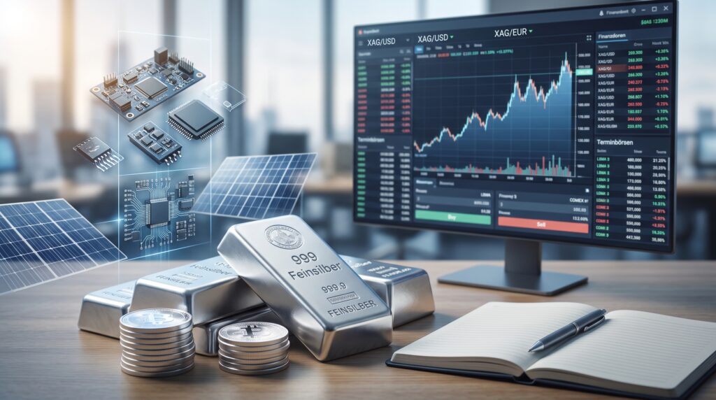 Silberbarren aus Feinsilber und Münzen auf einem Schreibtisch neben einem Monitor mit Silber-Spotpreis-Chart (XAG/USD) sowie Grafiken zu Photovoltaik und Mikrochips.