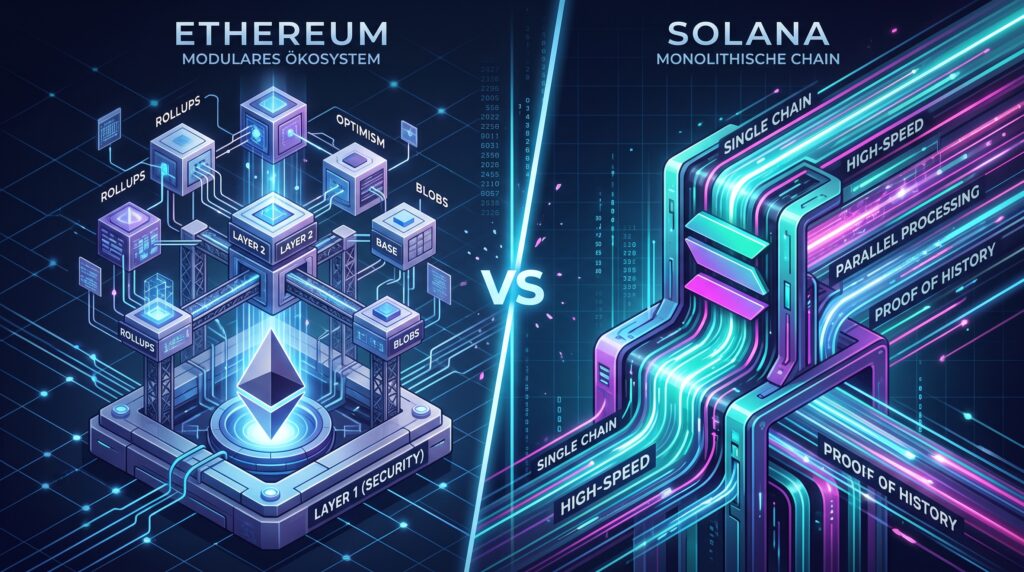 Skalierung bei Ethereum und Solana: Eine isometrische Infografik, die die Blockchain-Architekturen von Ethereum und Solana vergleicht. Die linke Seite, "ETHERUM MODULARES ÖKOSYSTEM", zeigt eine mehrstufige Struktur mit einem zentralen "LAYER 1 (SECURITY)"-Sockel, der mit verschiedenen "LAYER 2"-,"ROLLUPS"- und "BLOBS"-Modulen verbunden ist. Die rechte Seite, "SOLANA MONOLITHISCHE CHAIN", zeigt ein massives, stromlinienförmiges, mehrschichtiges Gebilde, beschriftet mit "SINGLE CHAIN", "HIGH-SPEED", "PARALLEL PROCESSING" und "PROOF OF HISTORY". In der Mitte steht "VS".