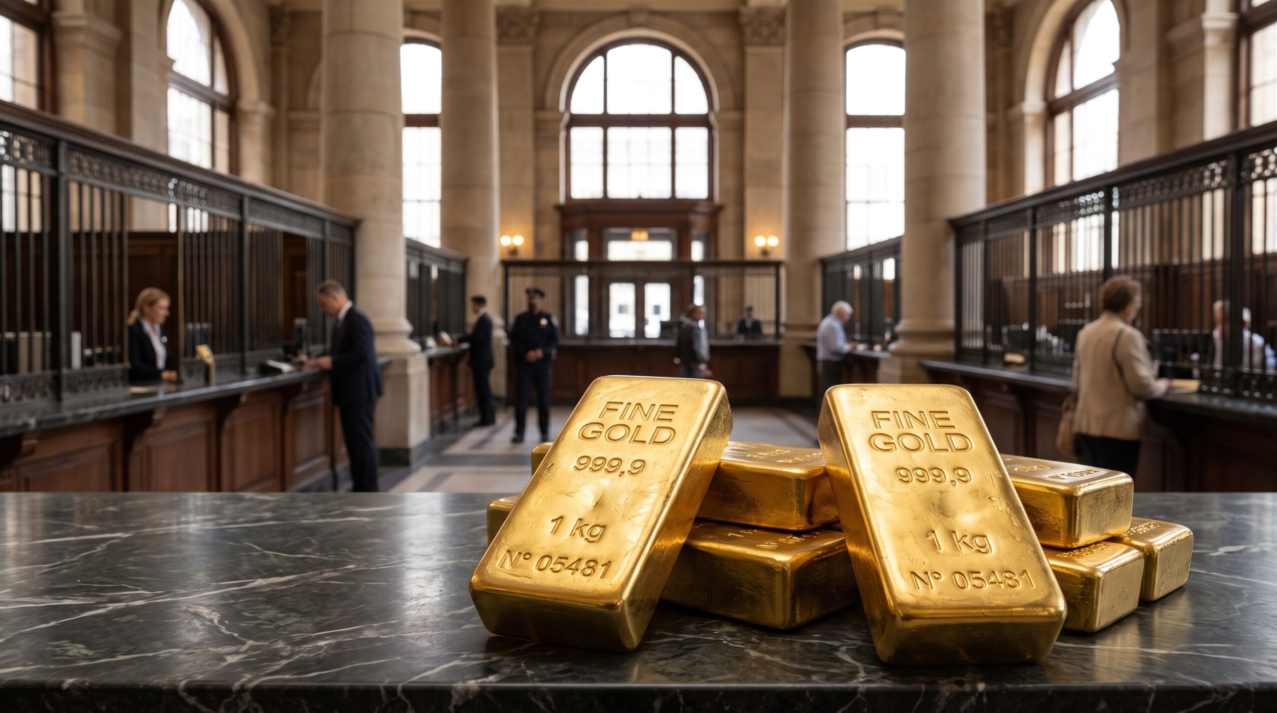 Mehrere 1-Kilogramm-Goldbarren mit der Prägung „FINE GOLD 999,9“ gestapelt auf einem dunklen Marmortresen in der historischen Schalterhalle einer Bank.